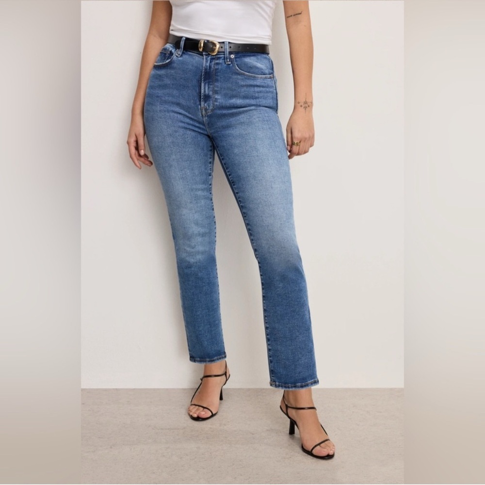 Good American Super High Rise Stretch Straight Leg Jeans Blue Size 14/32
